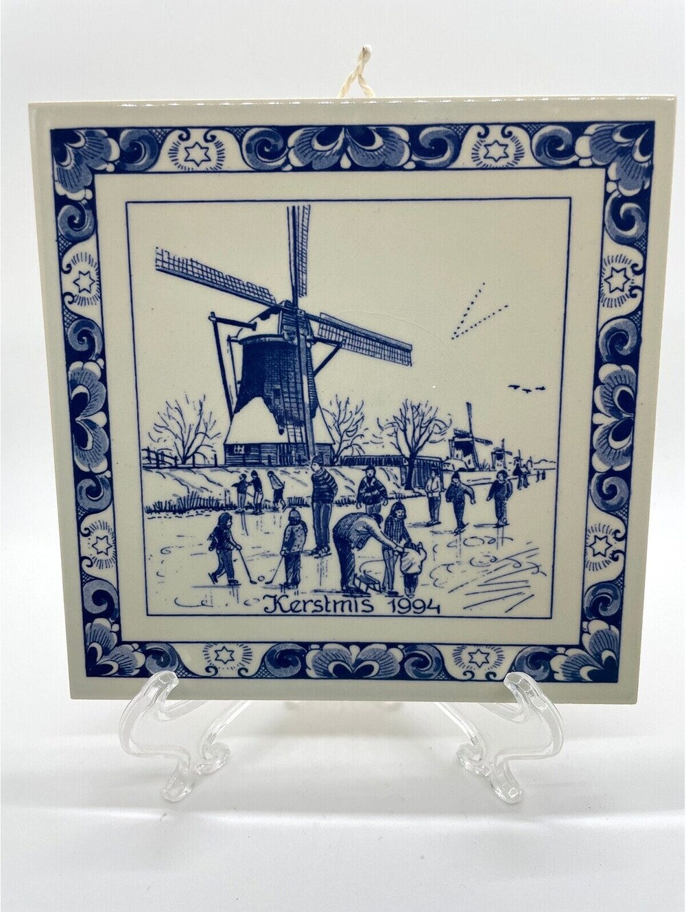 Vintage Delft Blue Trivet Christmas 1994 | Windmills of Kinderdijk Holland